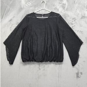 Alfani Sheer Illusion Stripe Textured Bubble Hem Top Size S Black Crop Sleeves